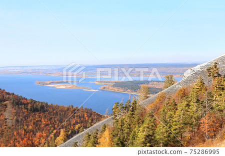 Aerial view with Strelnaya mount and Volga river, Zhiguli mountains, Russia 75286995