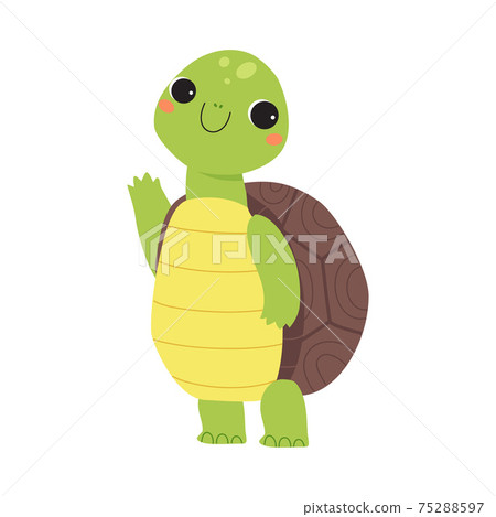 Happy Green Turtle Standing and Waving Paw Vector Illustration 75288597