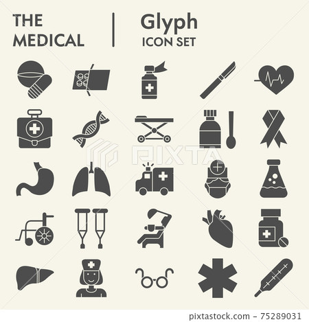 Medical solid icon set, Health symbols set collection or vector sketches. Medicine signs set for computer web, the glyph pictogram style package isolated on white background, eps 10. 75289031