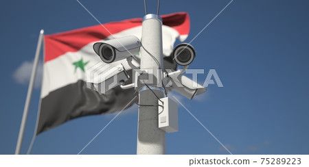 Waving flag of Syria and the security cameras. 3d rendering Waving flag of Syria and the security cameras. 3d rendering 75289223