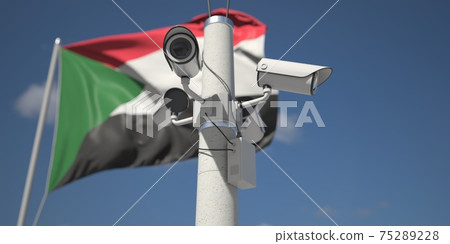 Security cameras near flag of Sudan, 3d rendering Security cameras near flag of Sudan, 3d rendering 75289228