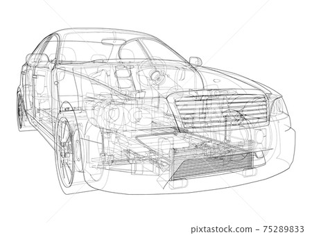 Electric Car With Chassis. Vector rendering of 3d Electric Car With Chassis. Vector rendering of 3d 75289833