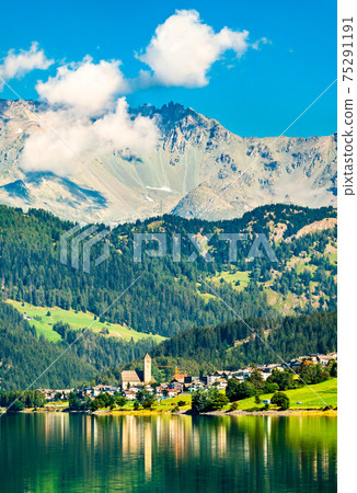 Reschen am See or Resia, a village on Lake Reschen in South Tyrol, Italy Reschen am See or Resia, a village on Lake Reschen in South Tyrol, Italy 75291191