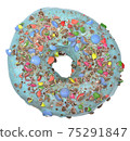 Top view of sweet donut with blue icing and crushed candies. 75291847