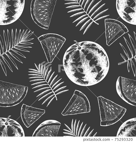 Watermelon and tropical leaves seamless... - Stock Illustration ...