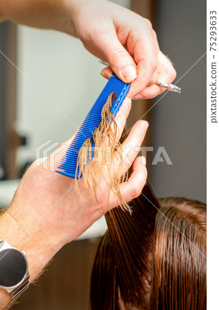 Hands cut wet female hair Hands cut wet female hair 75293633
