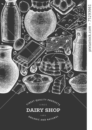 Farm food design template. Hand drawn vector dairy illustration on chalk board. Engraved style different milk products and eggs banner. Retro food background. 75293661