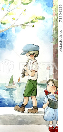 Watercolor illustration of a boy playing a recorder and a girl reading a book Watercolor illustration of a boy playing a recorder and a girl reading a book 75294136