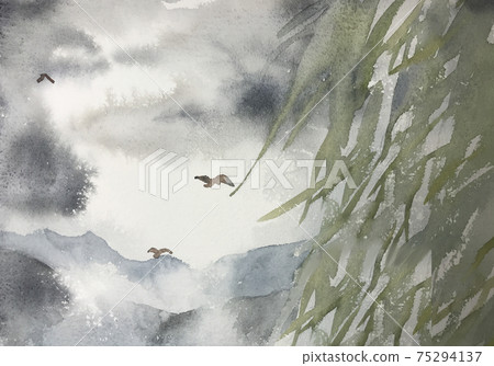 柳樹和陰霾景觀的水彩插圖 75294137