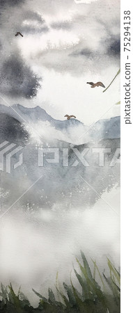 Watercolor illustration of a haze-covered mountain peak 75294138