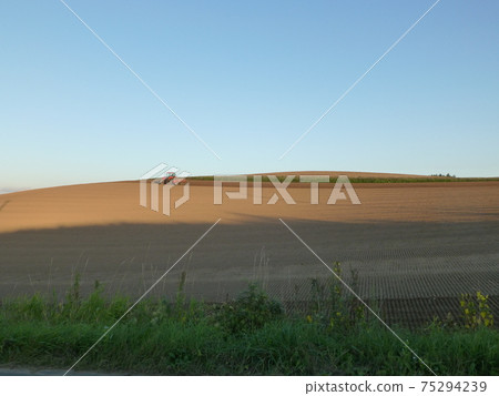 Hill-like fields and tractors in Furano, Hokkaido Hill-like fields and tractors in Furano, Hokkaido 75294239