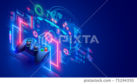 Online Video Games Concept Banner. E Sports In Internet. Computer Network  Games. Entertainment Technology. Gamepad Hovered Near Holographic Interface  And World Virtual Map. Web Gaming Communication. Royalty Free SVG,  Cliparts, Vectors, and