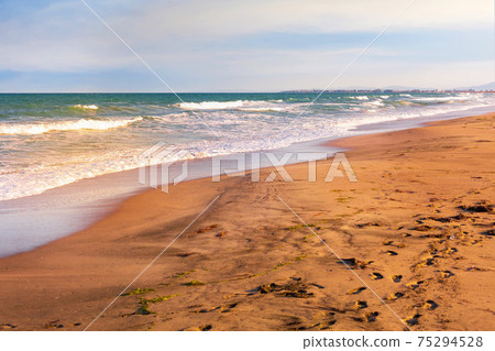 Sandy beach on spit, Pomorie and Aheloy, Bulgaria Sandy beach on spit, Pomorie and Aheloy, Bulgaria 75294528