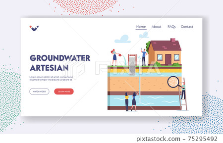 Groundwater or Artesian Water Extraction Landing Page Template. Characters with Magnifying Glass Presenting Well Drill 75295492