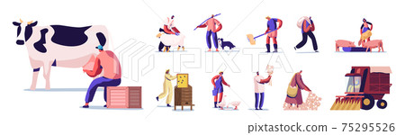 Set of People Doing Farming Job as Feeding Domestic Animals, Milking Cow, Shearing Sheep, Prepare Hay for Livestock Set of People Doing Farming Job as Feeding Domestic Animals, Milking Cow, Shearing Sheep, Prepare Hay for Livestock 75295526