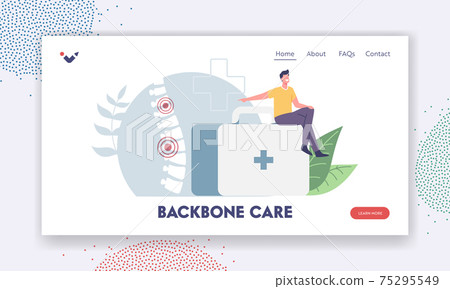 Spine Deformation Landing Page Template. Tiny Male Character Sit on Huge Medic Box Pointing on Sore Human Spine 75295549