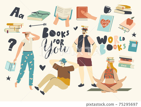 Readers Women and Men Reading Holding Books Above Heads. Young People Students or Bookworms Spend Time in Library Readers Women and Men Reading Holding Books Above Heads. Young People Students or Bookworms Spend Time in Library 75295697