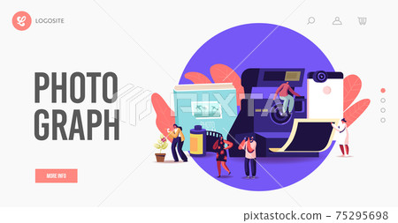 Tiny Photographers at Huge Photo Camera Landing Page Template. Creative Profession, Occupation. Characters Photographing 75295698