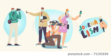 Journalism Profession Icons Set. Journalists and Cameraman Male and Female Characters with Professional Equipment Microphones Journalism Profession Icons Set. Journalists and Cameraman Male and Female Characters with Professional Equipment Microphones 75295699