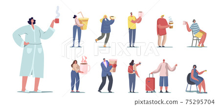 Set of People Drinking Different Beverages. Tiny Male and Female Characters Holding Huge Cups of Cold and Hot Drinks 75295704