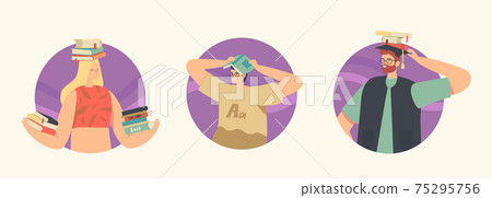 Set of Icons Readers Reading Holding Books Above Heads. Young People Students or Bookworms Spend Time in Library Set of Icons Readers Reading Holding Books Above Heads. Young People Students or Bookworms Spend Time in Library 75295756