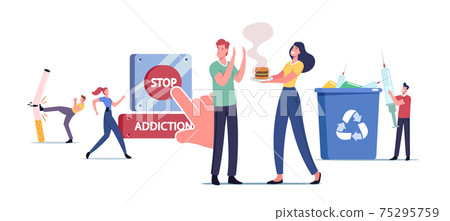 Stop Addiction, Healthy Life Concept. Characters Give Up Smoking, Drugs and Unhealthy Eating. People Fight with Drugs Stop Addiction, Healthy Life Concept. Characters Give Up Smoking, Drugs and Unhealthy Eating. People Fight with Drugs 75295759