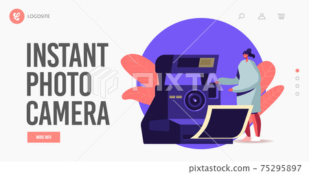 Woman Photographer with Photo Camera Making Flash Pictures Landing Page Template. Creative Hobby, Traveling or Work 75295897