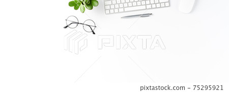 Office desktop with computer and business accessories. Top view. Banner Office desktop with computer and business accessories. Top view. Banner 75295921