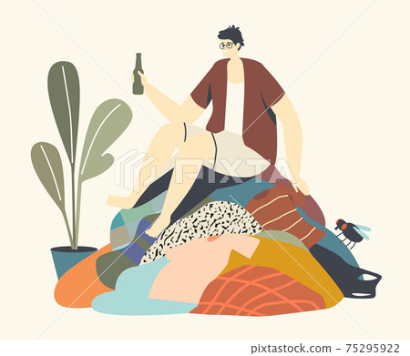 Untidiness, Unsanitary or Unhygienic Conditions Concept. Sloppy Man Drink Alcohol Sitting on Huge Pile of Dirty Clothes Untidiness, Unsanitary or Unhygienic Conditions Concept. Sloppy Man Drink Alcohol Sitting on Huge Pile of Dirty Clothes 75295922
