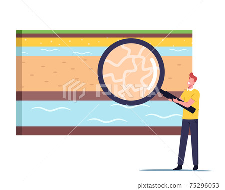 Tiny Male Character with Huge Magnifying Glass Presenting Earth Layers Cross Section View for Groundwater Extraction 75296053