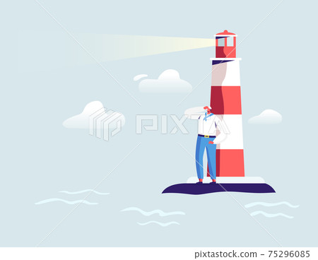 Young Handsome Sailor Stand at Beacon in Ocean Looking Far. Male Character in White Uniform and Cap. Ship Crew at Work 75296085