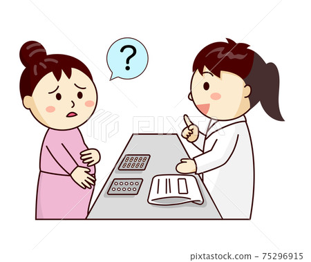 Pregnant woman asking a female pharmacist a question about medicine 75296915