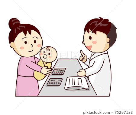 Breast-feeding mom receiving a drug explanation from a male pharmacist Breast-feeding mom receiving a drug explanation from a male pharmacist 75297188