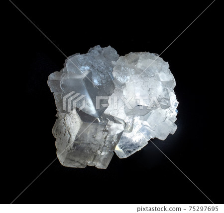 Shiny transparent halite rock salt mineral crystal from Soligorsk, Belarus. A photo isolated on black. Geology mineralogy websites, stone collection catalog, Natural Science museum wall chart 75297695