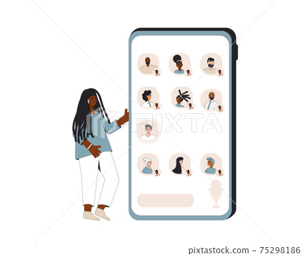 Online conference with different people. Social media networking app. Audio chat. Talking with friends with woice and phone. Online conference with different people. Social media networking app. Audio chat. Talking with friends with woice and phone. 75298186