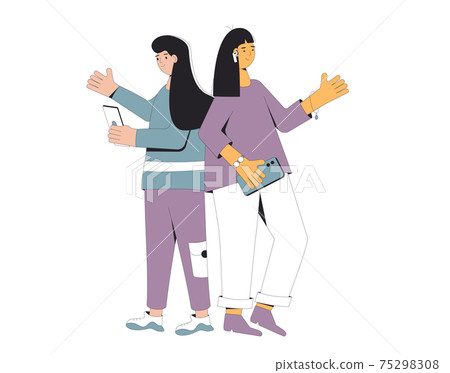 Two teenagers call friends or listening to music, podcast. Friendship. Young couple standing together with phones and headphones isolated on white background. Vector illustrator. 75298308