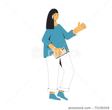 Female teenager listening to music, podcast, audiobook, lecture. Young woman standing with phone and headphones isolated on white background. Social media. 75298309