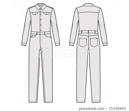Denim overall jumpsuit Dungaree technical fashion illustration with full length, button closure, long sleeves 75298443