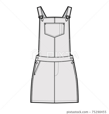 Dungaree dress Denim overall jumpsuit technical fashion illustration with mini length, normal waist, high rise, pockets 75298455