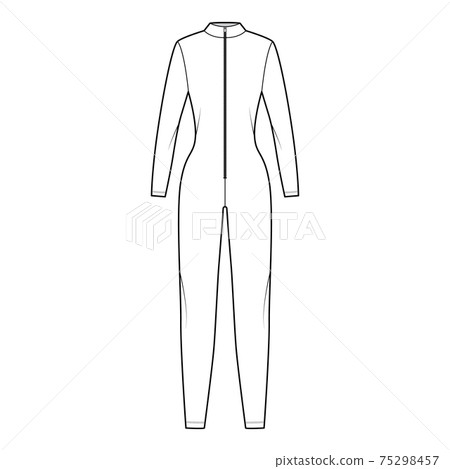 Catcuit Dungaree overall technical fashion illustration with full length, zipper closure, fitted body, long sleeves Flat Catcuit Dungaree overall technical fashion illustration with full length, zipper closure, fitted body, long sleeves Flat 75298457