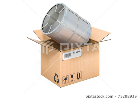 Roll of steel sheet, stainless steel coil inside cardboard box, delivery concept. 3D rendering Roll of steel sheet, stainless steel coil inside cardboard box, delivery concept. 3D rendering 75298939