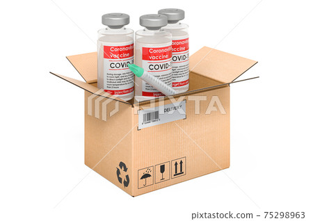 Vaccine inside cardboard box, delivery concept. 3D rendering 75298963