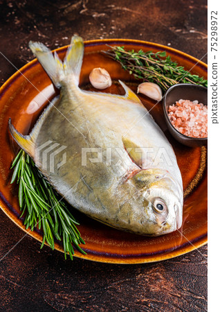 Fresh Raw Florida Pompano fish on a rustic plate. Dark background. Top view Fresh Raw Florida Pompano fish on a rustic plate. Dark background. Top view 75298972