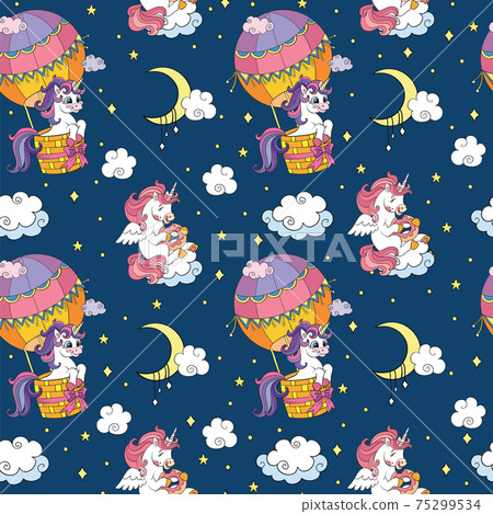 Seamless pattern cute unicorns in the sky... - Stock Illustration ...