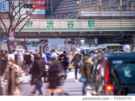 日本澀谷的東京都市風景在緊急狀態下。威脅人群。與正常時間不再相同= 3月1日 75301772