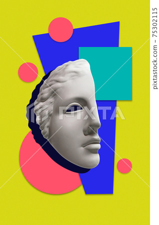 Collage with sculpture of human face in a pop art style. Modern creative concept image with ancient statue head. Zine culture. Contemporary art poster. Funky punk minimalism. Retro surreal design. 75302115