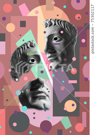 Collage with sculpture of human face in a pop art style. Modern creative concept image with ancient statue head. Zine culture. Contemporary art poster. Funky punk minimalism. Retro surreal design. 75302117