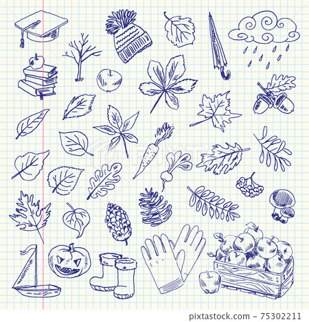 Freehand drawing autumn items on a sheet 75302211