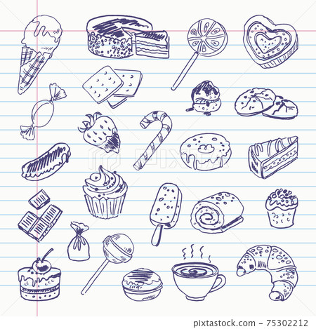 Freehand drawing sweetness items on a sheet of exercise book 75302212