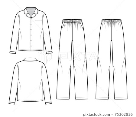Set of Sleepwear Pajamas shirt, pants technical fashion illustration with full length, low waist, oversized, pockets Set of Sleepwear Pajamas shirt, pants technical fashion illustration with full length, low waist, oversized, pockets 75302836